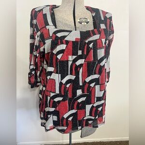 Worthington Women's Top Size XLarge Square Neckline Red Black Gray Short Sleeves